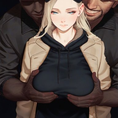 resident evil, resident evil 8: village, rosemary winters, 1girls, 2boys, big breasts, blonde hair, blue eyes, cap, coat, dark-skinned male, expressionless, fully clothed, grope, groping