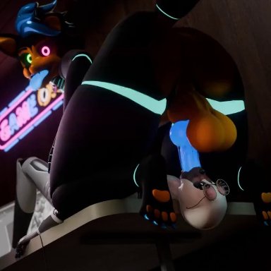 five nights at freddy's, vrchat, alex (hentaistudios), oc, original character, original characters, lilly 3d, 2boys, animatronic, big balls, choker, face fucking, gay, gay sex, glasses