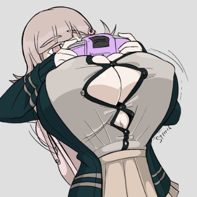 danganronpa, danganronpa 2: goodbye despair, gameboy, nintendo, spike chunsoft, nanami chiaki, king melon, 1girl, 1girls, backpack, big breasts, breast expansion, breast hold, breast squeeze, breast squish