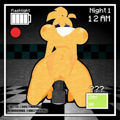 five nights at freddy's, five nights at freddy's 2, fnaf, chica (fnaf), toy chica (fnaf), guiltyminimal, anthro, bouncing breasts, female, flashlight, huge breasts, object in pussy, object insertion, solo female, vaginal penetration