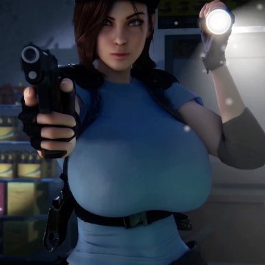 resident evil, resident evil 3, jill valentine, vaako, 1girls, alternate breast size, beret, breasts, breasts bigger than head, brown hair, clothed, clothed female, female, female only, female solo