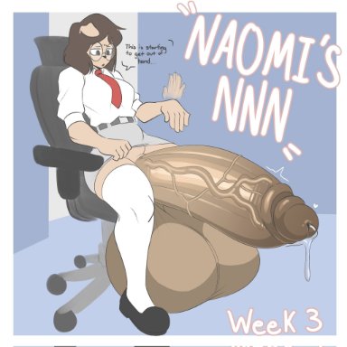 no nut november, naomi (buddycanary), buddycanary, 1futa, anthro, balls, big balls, big penis, bodily fluids, bottomless, breasts, canid, canine, canis, chair