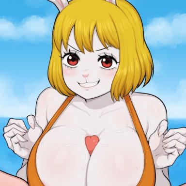 one piece, carrot (one piece), afrobull, blonde hair, bunny girl, huge breasts, outside, red eyes, titjob