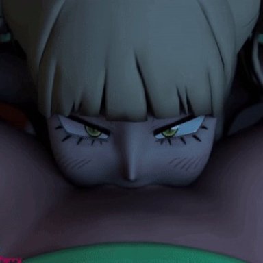 my hero academia, himiko toga, tsuyu asui, pixel-perry, all the way to the base, big breasts, blonde hair, deepthroat, futanari, huge cock, thick thighs, yellow eyes, 3d, animated, edit