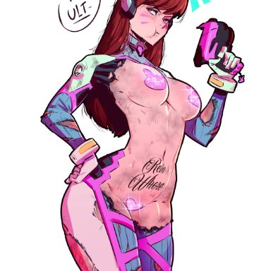 overwatch, overwatch 2, d.va, panda rojo, 1girls, angry, medium breasts, nipple pasties, pasties, pubic tattoo, torn clothes, torn clothing