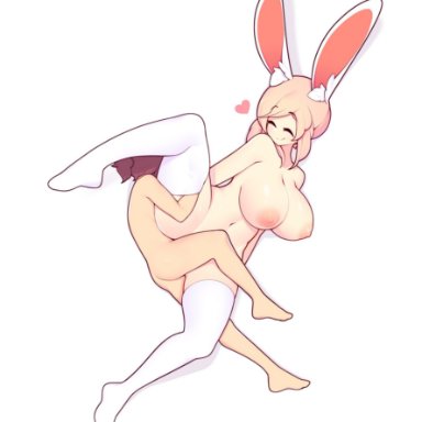 dyrhart, fiz, fizintine, areolae, bigger female, brown hair, brown hair male, bunny ear, bunny ears, bunny girl, bunnygirl, closed eyes, cock in pussy, heart, larger female