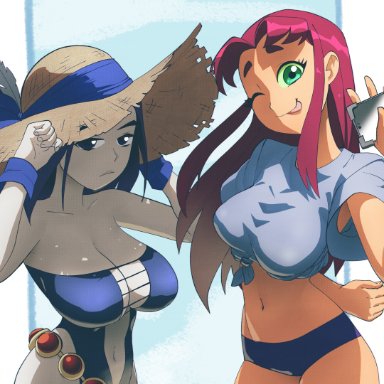 cartoon network, dc, teen titans, raven (dc), starfire, inker comics, inkershike, 2girls, big breasts, bikini, breasts, female only, hat, peace sign, purple hair