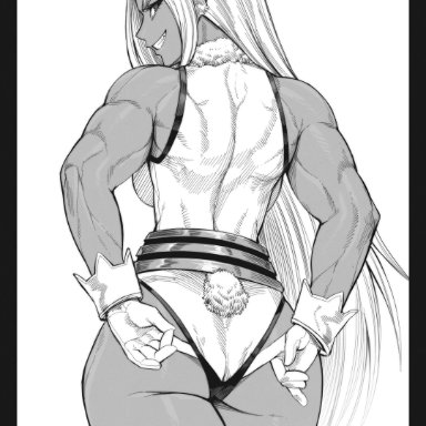 my hero academia, miruko, rumi usagiyama, speedl00ver, 1girls, adjusting clothes, adjusting leotard, animal ears, ass, back, biceps, breasts, bunny ears, bunny girl, bunny tail