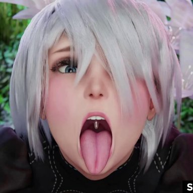 nier, nier (series), nier: automata, yorha 2b, slayed.coom, 1boy, 1girls, ahe gao, black shirt, blowjob, blue eyes, chewing cum, cock slap, cum, cum in mouth