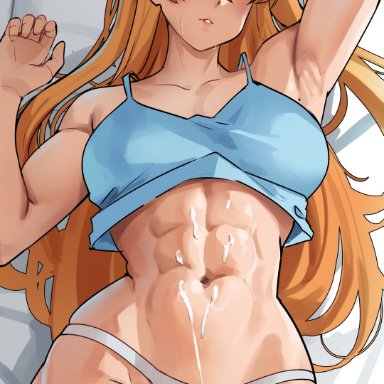 neon genesis evangelion, asuka langley sohryu, cromwellb, 1girls, abs, aged up, blue eyes, breasts, cum, cum on body, female, large breasts, long hair, lying on back, orange hair