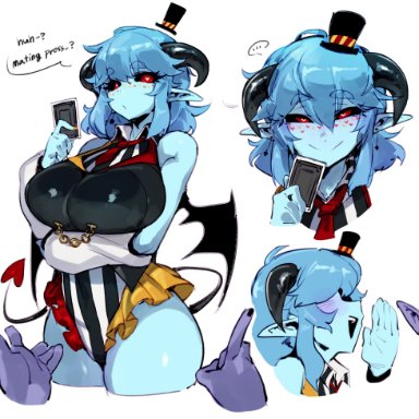 original, opaluva (character), doppel, ..., 1boy, 1girls, big breasts, black sclera, blue hair, blue skin, blush, clothed, demon, demon girl, demon horns