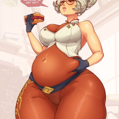 the legend of zelda, purah, purah (tears of the kingdom), steely bird, eating, fat, glasses, milf, pie, pregnant, pregnant belly, pregnant female, pregnant milf, tight clothing, weight gain
