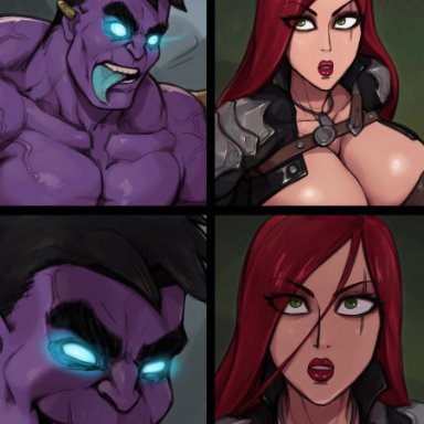 league of legends, katarina du couteau, mundo (league of legends), rampage0118, 1boy, 1girls, big breasts, black hair, blue eyes, blue tongue, breasts, busty, cleavage, curvaceous, curvy