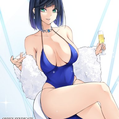 genshin impact, yelan (genshin impact), gs (onsen syndicate), bewitching thighs, blue dress, blue hair, breasts, champagne glass, green eyes, heavenly ass, party dress, thighs