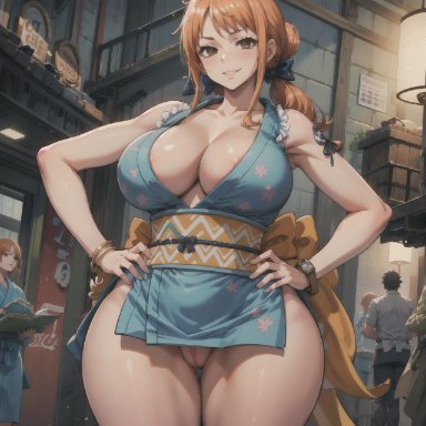 one piece, nami, nami (one piece), big breasts, cleavage, exposed pussy, eyes, female, going commando, hand on hip, huge breasts, japanese clothes, kimono, light skin, light-skinned female