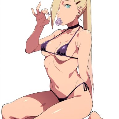 naruto, naruto (series), naruto shippuden, ino yamanaka, kezebyku, barefoot, bikini, blonde hair, cleavage, condom, condom in mouth, feet, fellatio gesture, female, female only