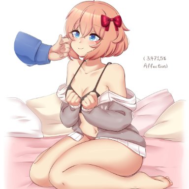 doki doki literature club, raionart, ass, bare shoulders, barefoot, bed, belly button, blue eyes, bob cut, bra, brown hair, feet, hair ribbon, kneeling, open jacket