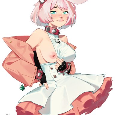 guilty gear, guilty gear strive, elphelt valentine, l4wless, 1girls, armpits, big breasts, collar, fingerless gloves, green eyes, looking at viewer, nipples, one breast out, partially clothed, pink hair