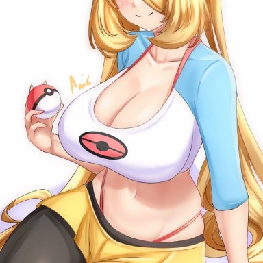 nintendo, pokemon, pokemon dppt, cynthia (pokemon), rosa (pokemon) (cosplay), anisdrawn, 1girls, blonde hair, breasts, cleavage, female, hair over one eye, hat, hips, huge breasts