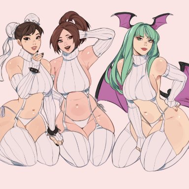 capcom, darkstalkers, king of fighters, snk, street fighter, chun-li, mai shiranui, morrigan aensland, kamii momoru, 3girls, armwear, big breasts, black eyes, black hair, brown eyes