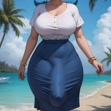 pokemon, pokemon sm, lana's mother (pokemon), flordulce, beach, blue eyes, blue hair, bulge, bulge through clothing, covered penis, flaccid, freckles, futa only, futanari, long skirt