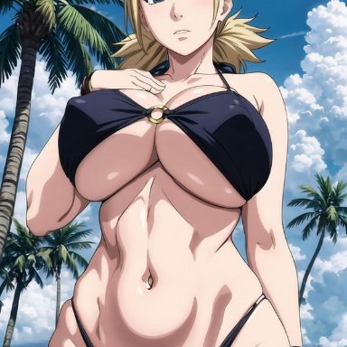 naruto, naruto (series), naruto shippuden, temari, axosnax, 1girls, alternate breast size, big breasts, bikini bottom, bikini top, blue sky, breasts, breasts bigger than head, busty, cleavage