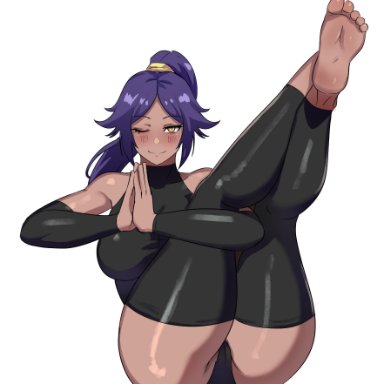 bleach, shihouin yoruichi, ytrall, 1girls, ass, breasts, brown skin, dark skin, dark-skinned female, feet, female, foot fetish, large ass, leotard, long hair