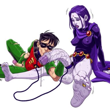 dc, dc comics, teen titans, dick grayson, rachel roth, raven (dc), robin (dc), robin (dick grayson), @atsign, charlieborg edits, 1boy, 1futa, balls, clothed, clothing