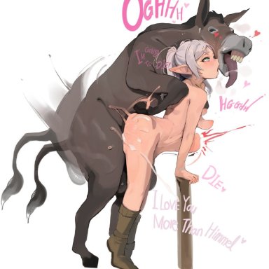 sousou no frieren, frieren, mamimi (artist), mamimi (mamamimi), ahe gao, animal genitalia, bare back, breasts, cucked by beast, donkey, elf, eyes rolling back, female, green eyes, grey hair