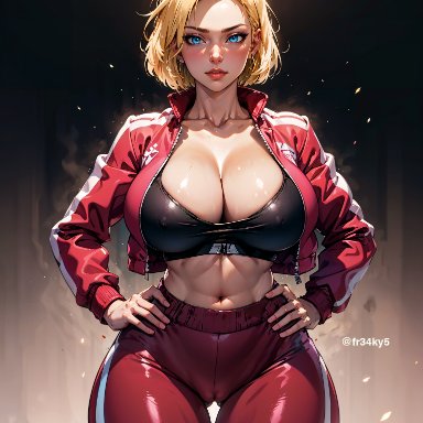 dragon ball, dragon ball super, dragon ball z, android 18, fr34ky, big breasts, blonde hair, breasts, cleavage, milf, track jacket, track pants, track suit, ai generated
