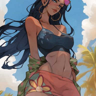 one piece, nico robin, evviart, 1girls, black hair, blue eyes, earrings, female, female only, long hair, looking at viewer, nipple bulge, solo, sunglasses, sunglasses on head