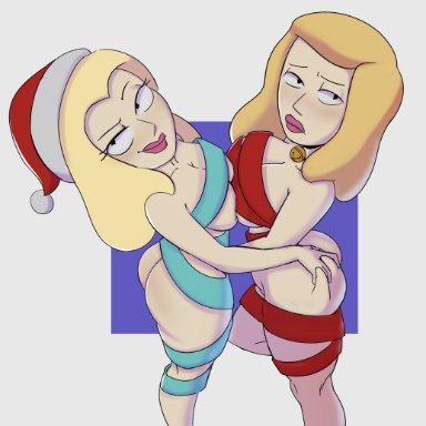 adult swim, christmas, rick and morty, beth smith, diane sanchez, solidus, 2girls, big breasts, blonde hair, daughter, female only, gift wrapped, huge breasts, light skin, light-skinned female