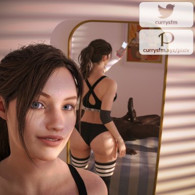 resident evil, resident evil 2, resident evil 2 remake, claire redfield, currysfm, 1boy, 1girls, ass, blacked clothing, clothed female nude male, dark-skinned male, imminent sex, interracial, looking at viewer, mirror