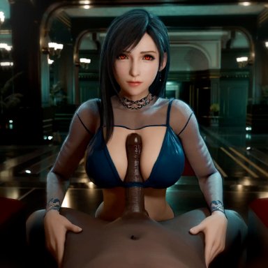 final fantasy, final fantasy vii, final fantasy vii remake, tifa lockhart, pewposterous, 1boy, 1girls, between breasts, black hair, dark-skinned male, interracial, light-skinned female, long hair, looking at viewer, paizuri