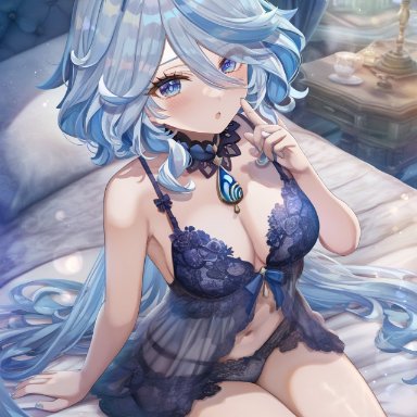 genshin impact, furina (genshin impact), 1girls, babydoll, bed, bedroom, blue eyes, blue hair, blush, female only, lingerie, looking at viewer, on bed, panties, seductive