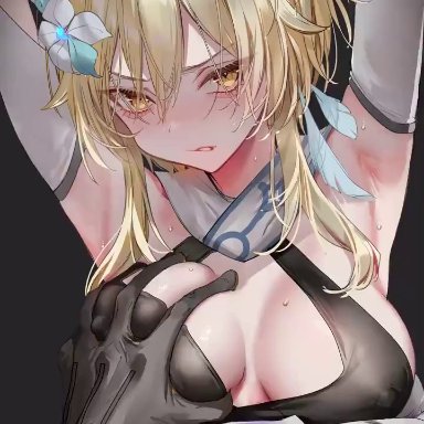 genshin impact, character request, lumine (genshin impact), pottsness, 1boy, armpits, arms up, black background, blonde hair, blush, breasts, feather hair ornament, feathers, female, flower