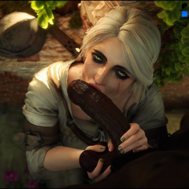 cd projekt red, the witcher (series), the witcher 3: wild hunt, ciri, tomoganim, 1boy, 1girls, big penis, dark-skinned male, grabbing, grabbing testicles, interracial, large penis, licking, licking penis