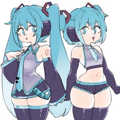 hatsune miku, dizzyspells, android, belly, belly button, blue eyes, blue hair, collared shirt, elbow gloves, long gloves, long hair, midriff, navel, necktie, petite