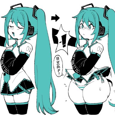 vocaloid, hatsune miku, dizzyspells, :&lt;, :d, !, 1girls, ass expansion, bare shoulders, before and after, blush lines, closed eyes, closed mouth, cyan eyes, cyan hair