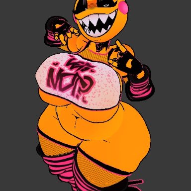 five nights at freddy's, five nights at freddy's 2, toy chica (cyanu), toy chica (fnaf), cryptiacurves, 1girls, animatronic, arm warmers, ass, bare midriff, belly, big ass, big belly, big breasts, black eyeshadow