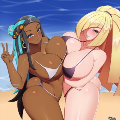 game freak, nintendo, pokemon, pokemon sm, pokemon ss, lusamine (pokemon), nessa (pokemon), jadenkaiba, 2girls, alternate breast size, ass, beach, bikini, blonde hair, blue eyes