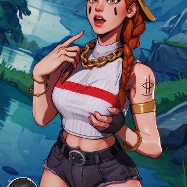 fortnite, fortnite: battle royale, aura (fortnite), bulge quest, armband, big breasts, bracelet, braid, braided hair, braided ponytail, cap, chains, clothed, clothing, fully clothed