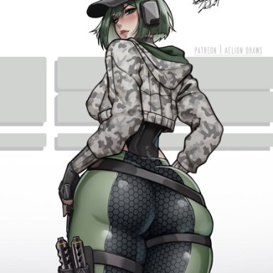 rainbow six siege, ela (rainbow six), aelion draws, 1girls, ass, ass focus, big ass, big breasts, blush, clothed, clothing, female, female focus, female only, green eyes