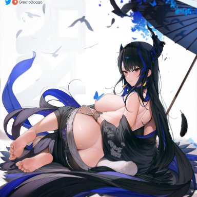 hololive, hololive english, hololive english -advent-, nerissa ravencroft, greatodoggo, 1girls, ass, barefoot, black hair, breasts, butterfly, dat ass, feet, female, foot fetish