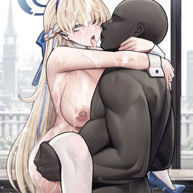 blue archive, toki (blue archive), toki (bunny) (blue archive), siu (siu0207), 1boy, 1girls, ahe gao, bald, bald man, big ass, big breasts, blonde female, blonde hair, blonde hair female, blue eyes