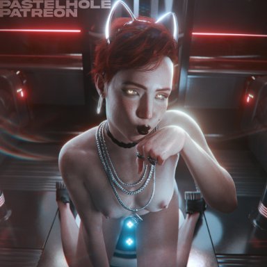 cd projekt red, cyberpunk 2077, aurore cassel, pastelhole, 1girls, black choker, black lipstick, breasts, breasts apart, cat ears, cat pose, choker, cybernetics, cyberpunk, duckface
