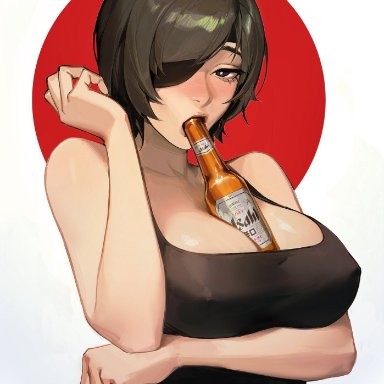 asahi breweries, chainsaw man, mappa, himeno (chainsaw man), limart, 1girls, beer, big breasts, blush, cleavage, drinking, drunk, eyepatch, female, female only