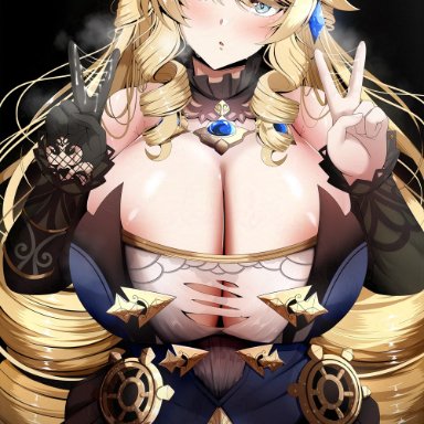 genshin impact, navia (genshin impact), astraea (atelierastraea), 1girls, blonde hair, blue eyes, breasts, cleavage, female, hat, hips, huge breasts, light skin, light-skinned female, long hair