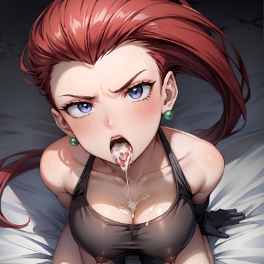 pokemon, jessie (pokemon), arbitrary, 1girls, after fellatio, after oral, angry, angry face, cleavage, cum, cum dripping from mouth, cum in mouth, cum on breasts, kneeling, large breasts