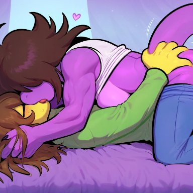 deltarune, kris (deltarune), susie (deltarune), novelai, nudealert, anthro, anthro female, ass grab, big breasts, brown hair, cowgirl position, french kiss, green shirt, hands in hair, heart